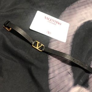 Valentino Garavani Black Calfskin and Gold Logo Bracelet